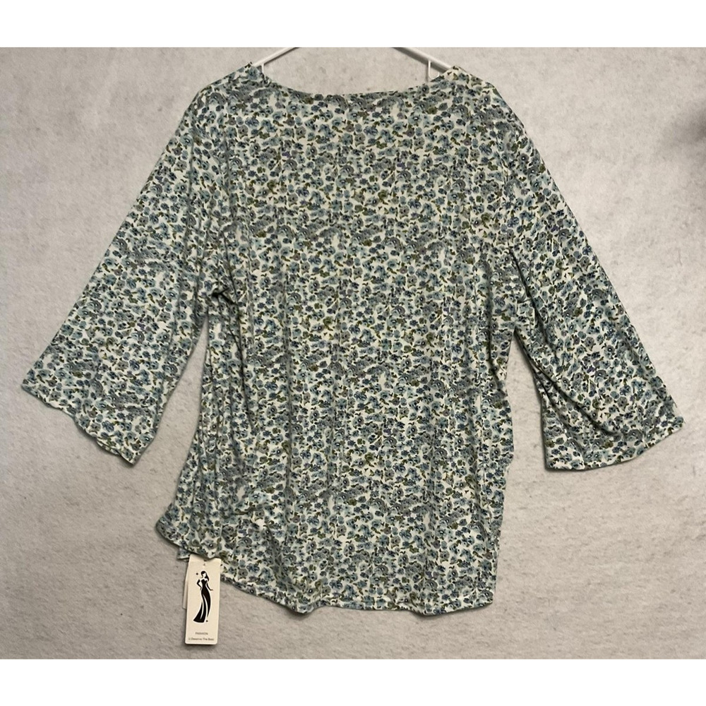 LUYAA Blouse Womens 2XL Blue‎ Floral 3/4 Slit Sleeve Boat Neck Tunic Top Stretch
